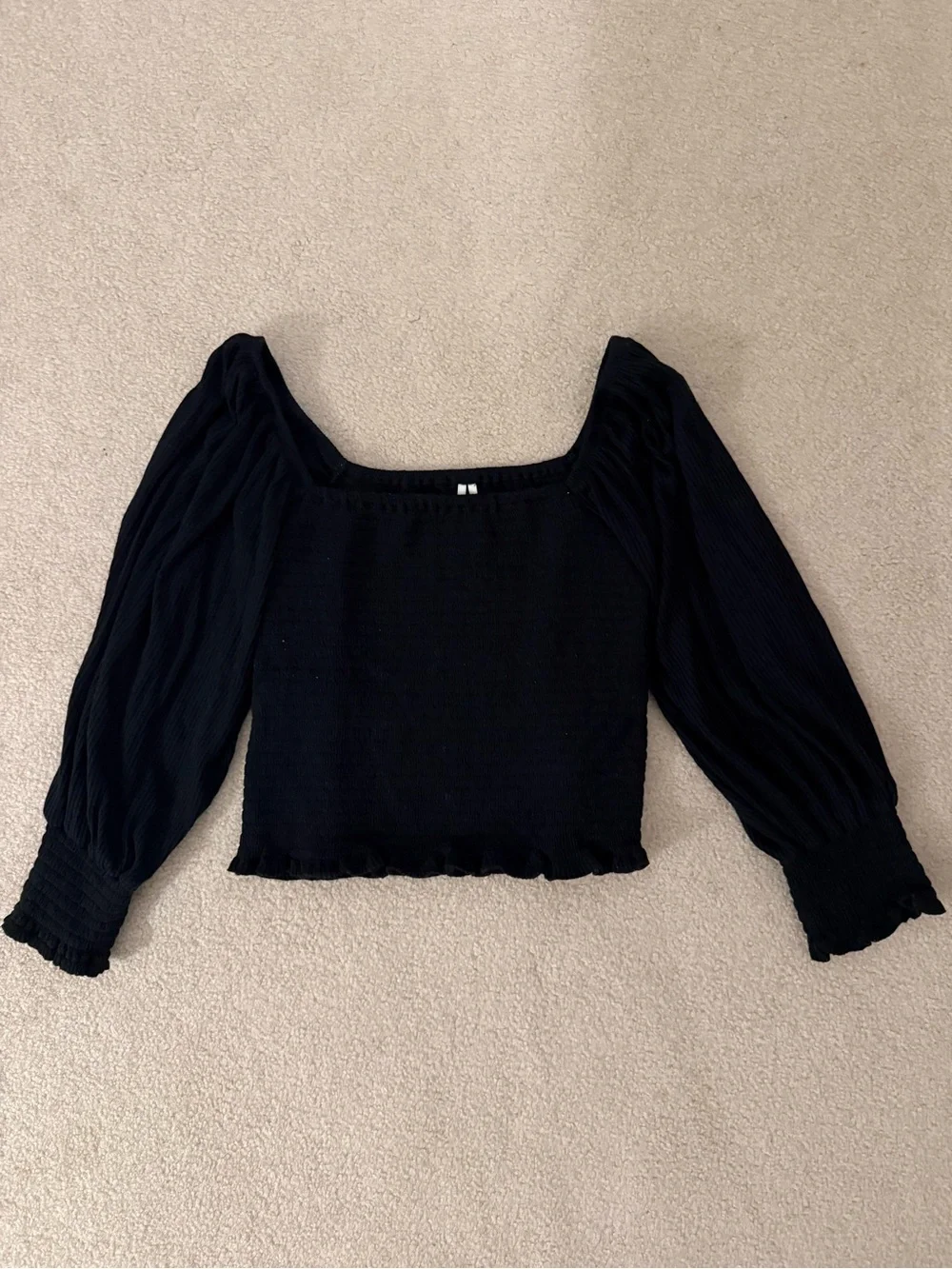 Anthropologie Black Smocked Square-Neck Puff Sleeve Crop Top
